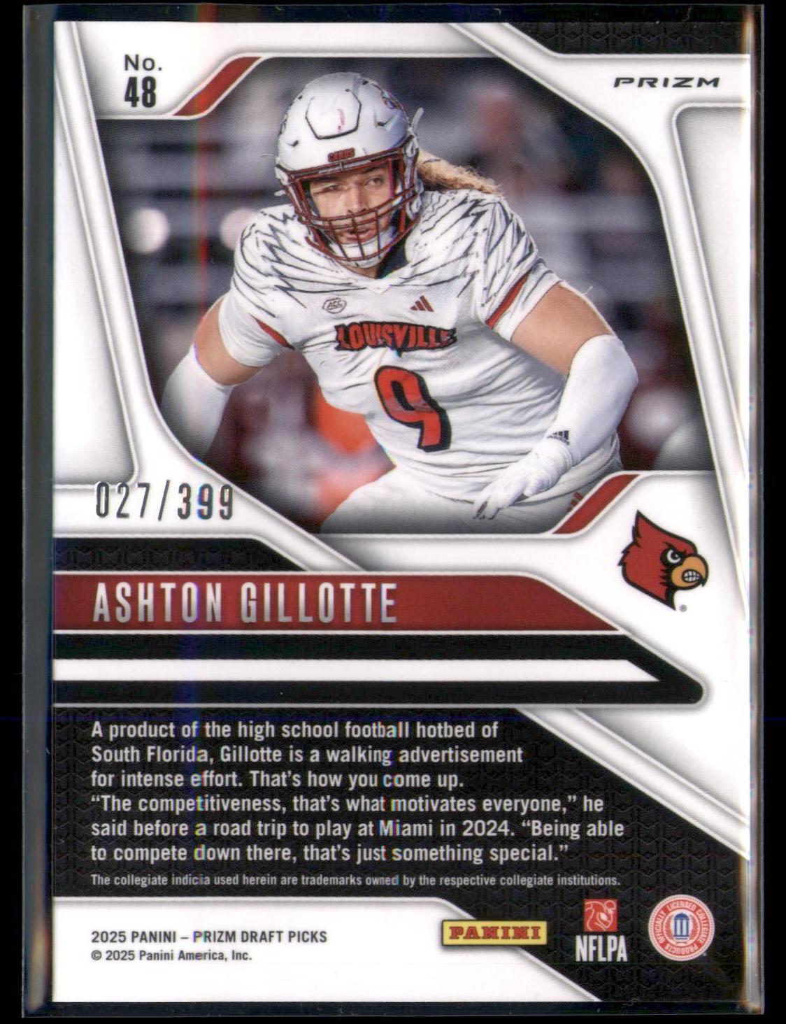 2025 Panini Prizm Draft Picks #48 Ashton Gillotte Prizms Red #/399