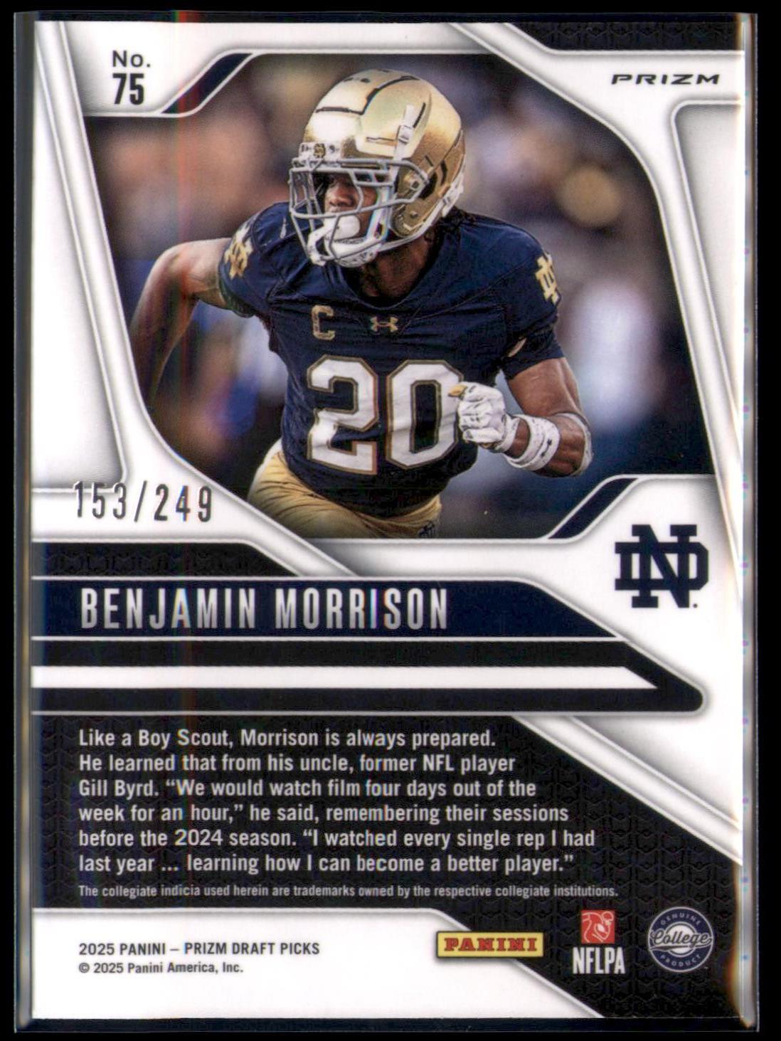 2025 Panini Prizm Draft Picks #75 Benjamin Morrison Prizms Blue #/249