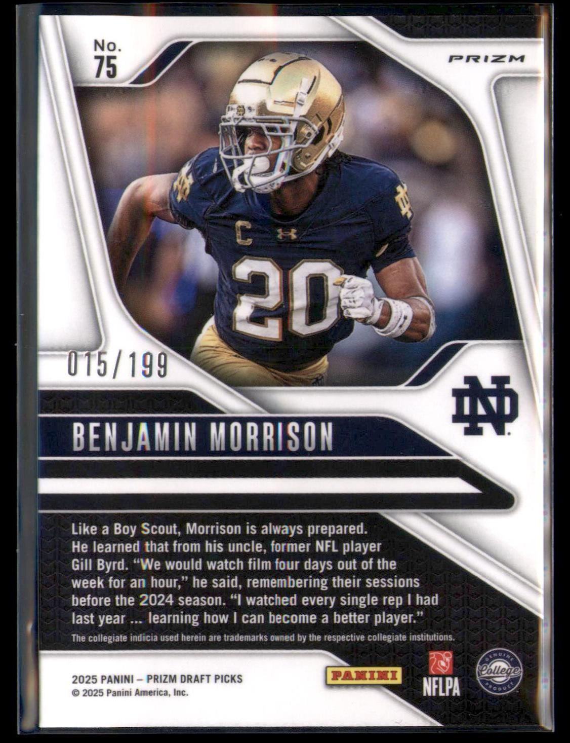 2025 Panini Prizm Draft Picks #75 Benjamin Morrison Prizms Purple Ice #/199