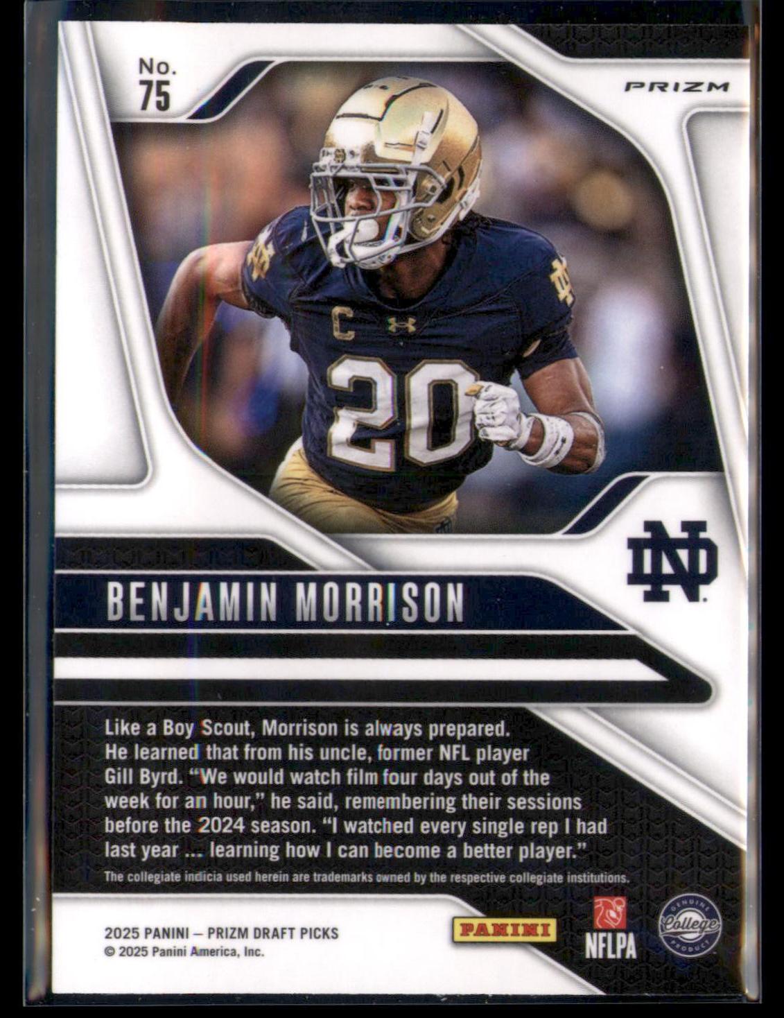 Benjamin Morrison 2025 Panini Draft Picks #75 Rookie Silver Refractor RC