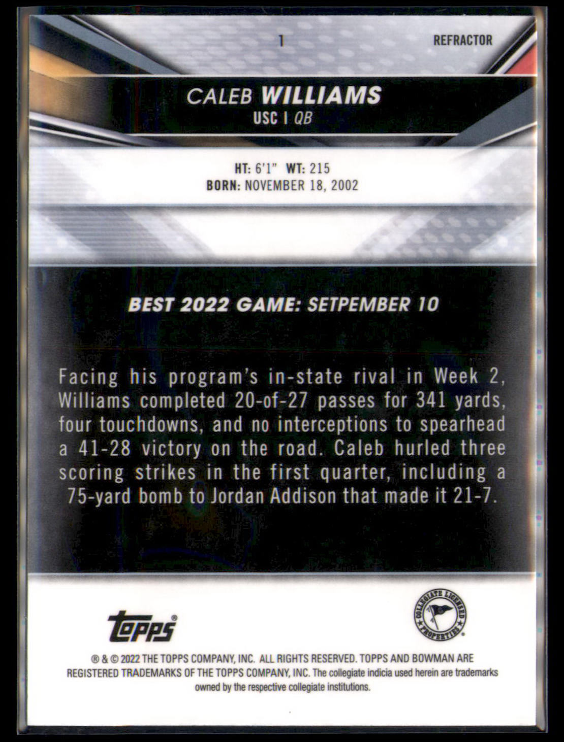 2022-23 Bowman's Best University #1 Caleb Williams Refractor