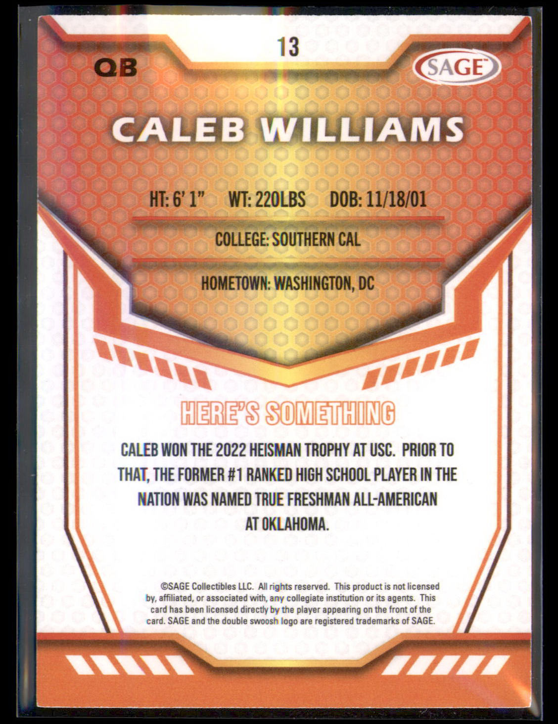 2024 SAGE HIT Low Series Red Caleb Williams #13