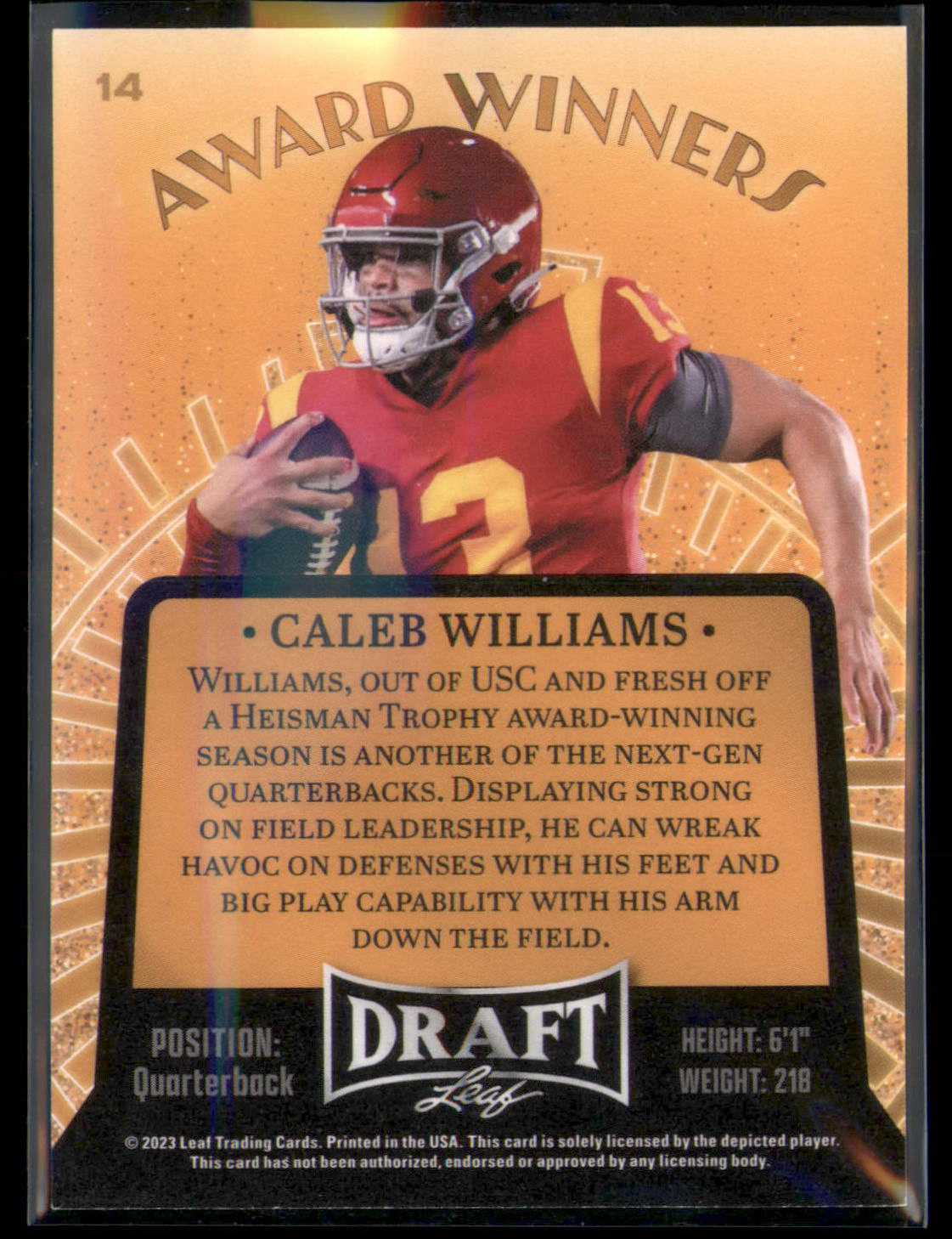 2023 Leaf Draft - Award Winners Caleb Williams #14 (RC) Chicago Bears