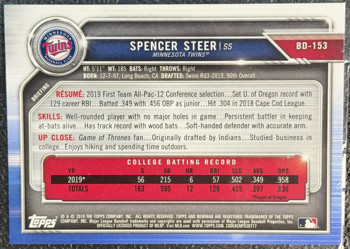 2019 Bowman Draft #BD-153 Spencer Steer