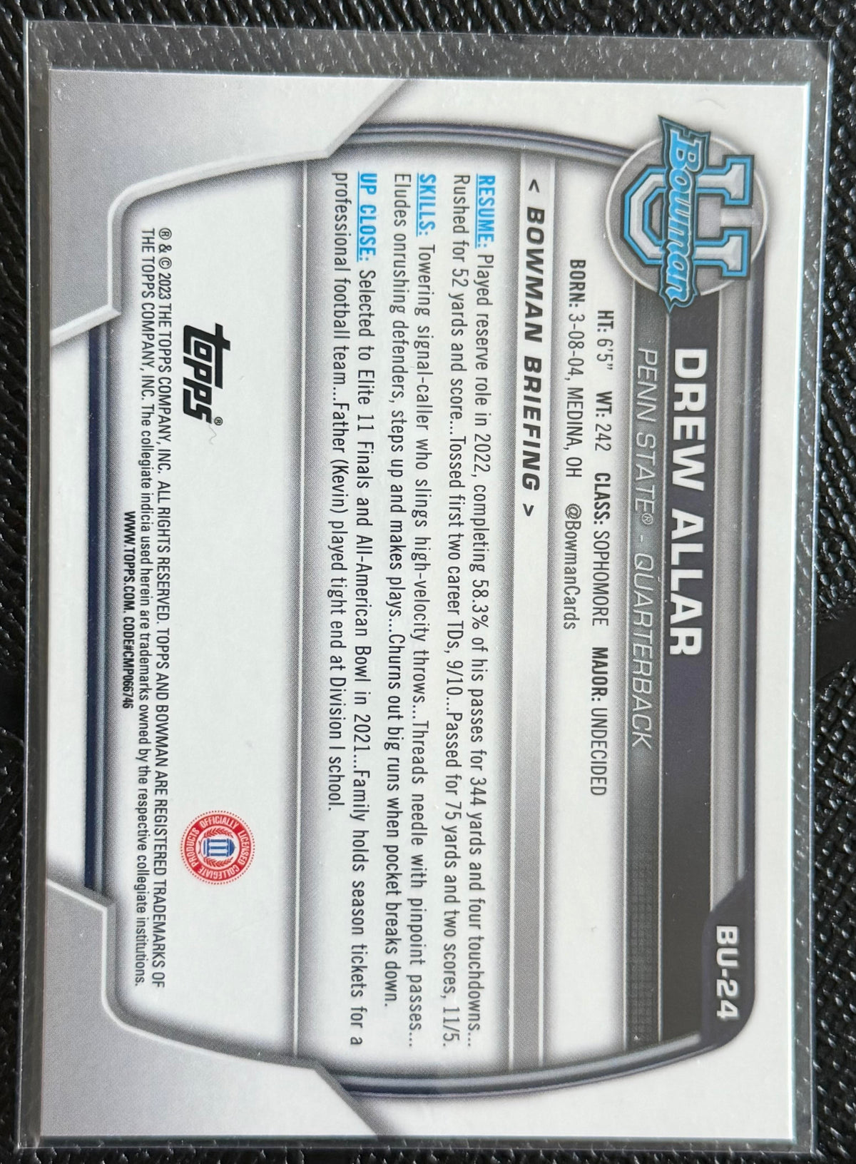 2022 Bowman University Chrome #59 Drew Allar Refractor