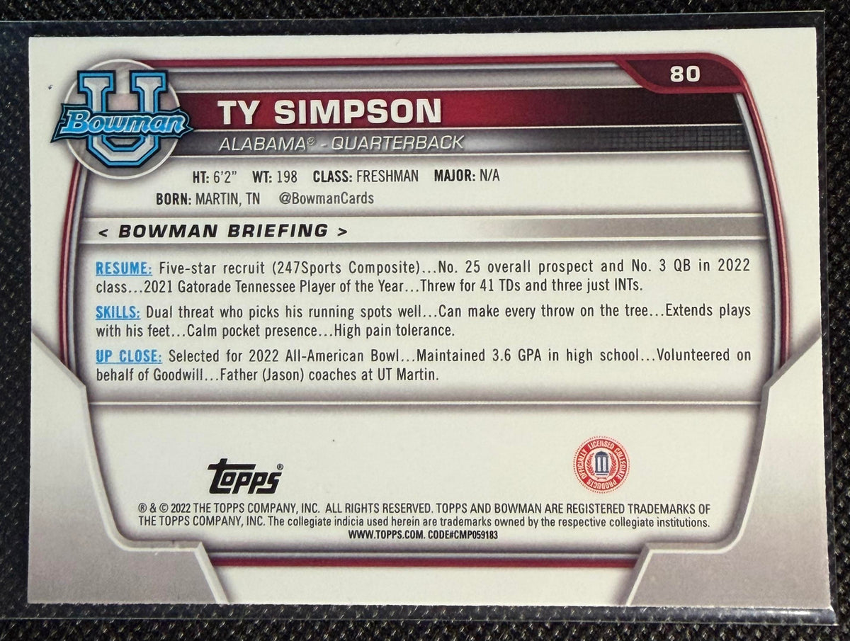 2022 Bowman University Chrome #80 Ty Simpson