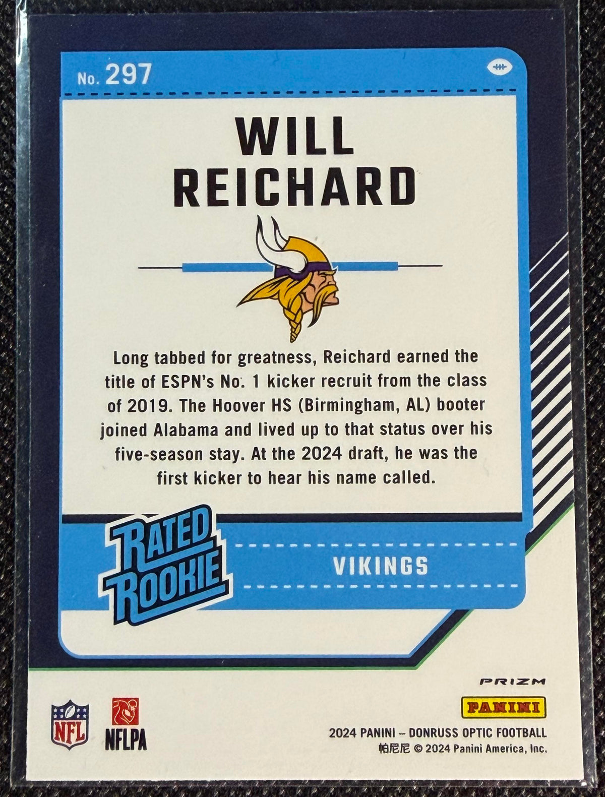 2024 Donruss Optic #297 Will Reichard Purple Shock