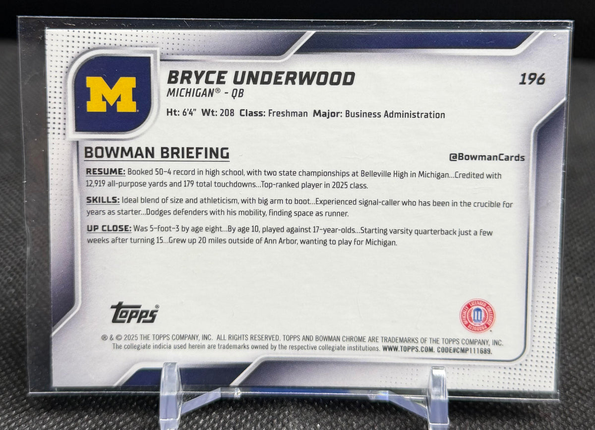 2025 Bowman University Chrome #196 Bryce Underwood